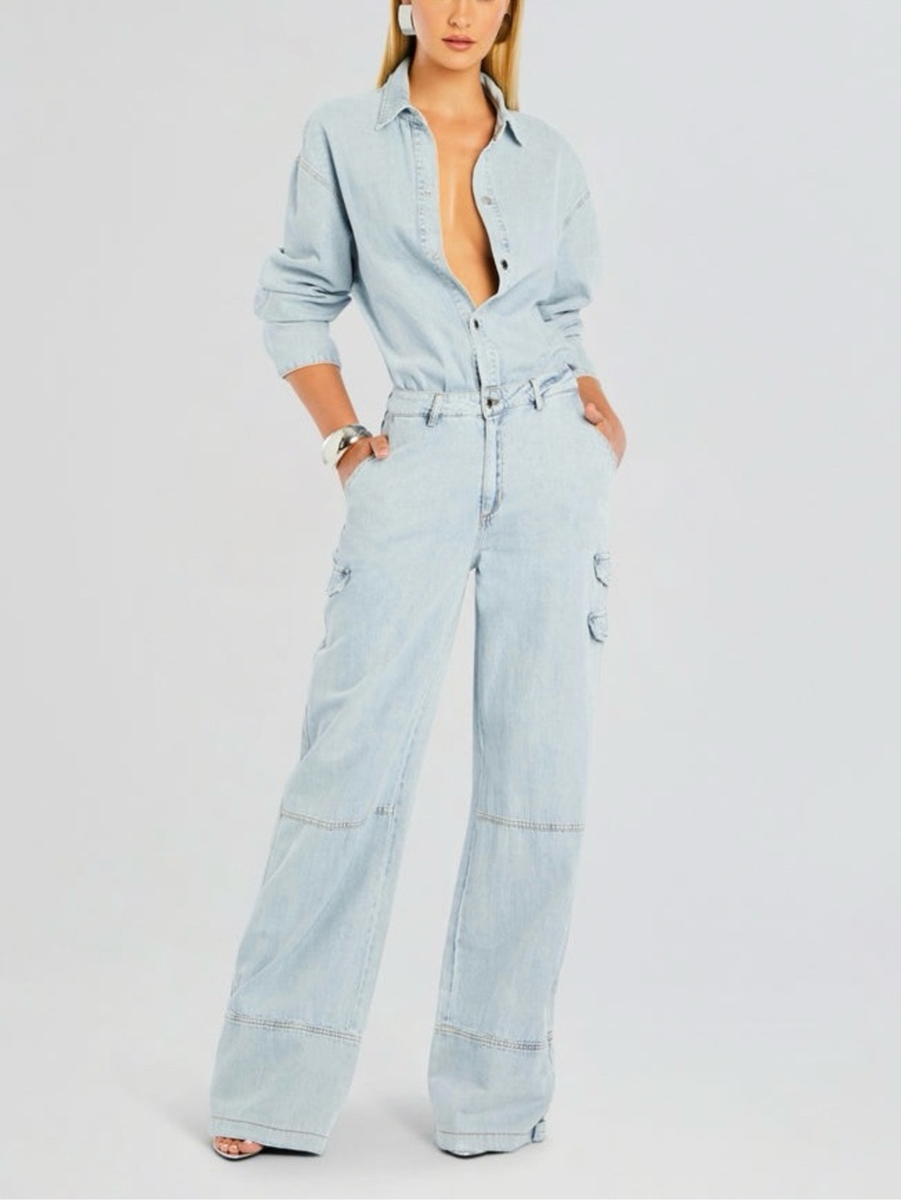 RETROFÊTE Denim Cargo Jumpsuit Light Wash Slouchy Utility Boilersuit Relaxed L